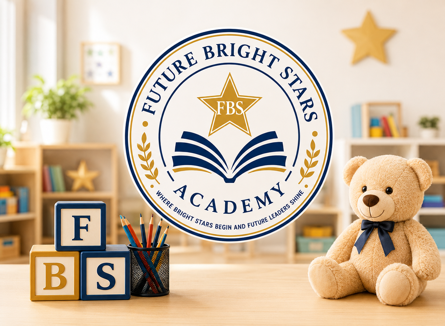 Future Bright Stars Academy classroom brand visual with logo, learning blocks and teddy bear